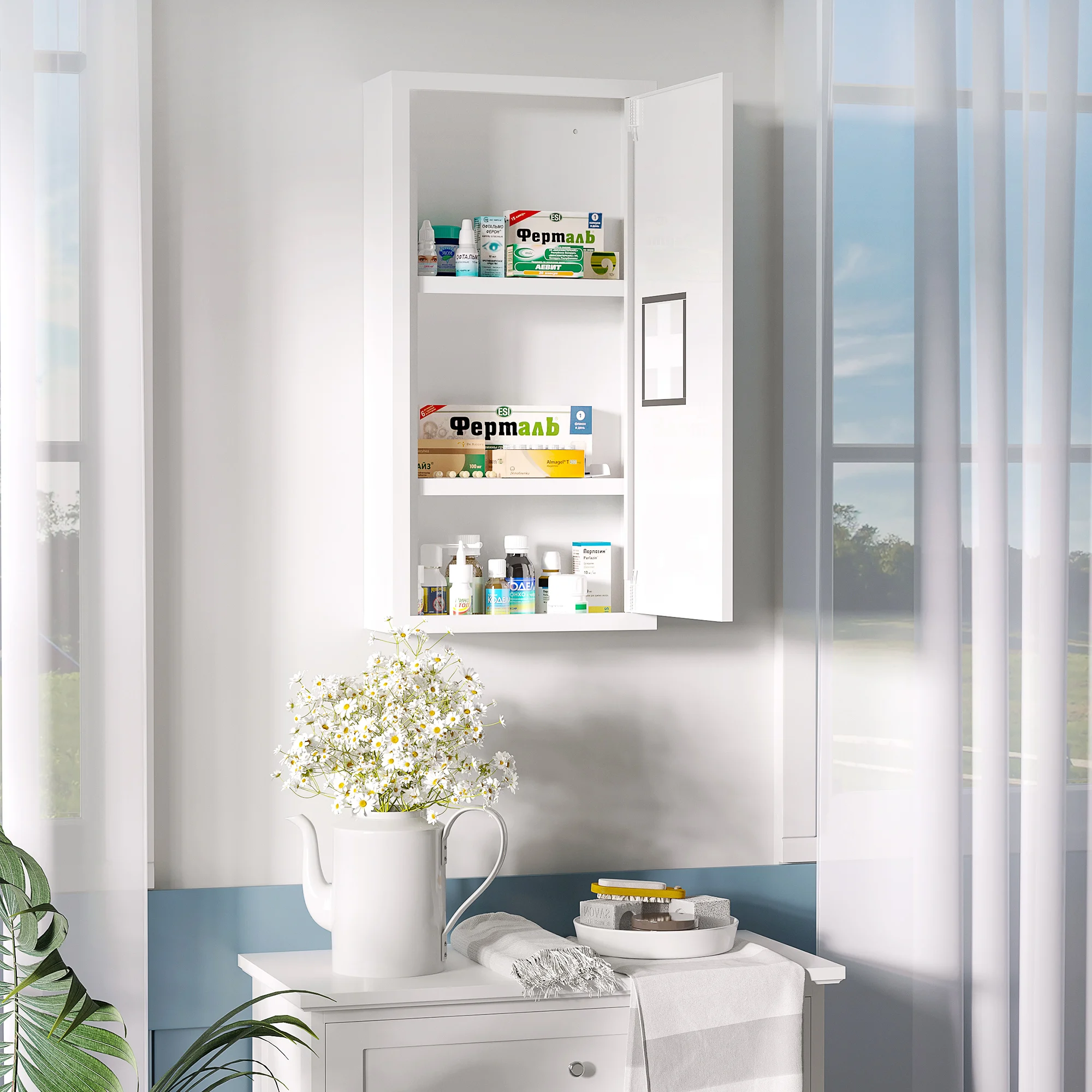 Weißer Medizinschrank mit 3 Innenfächern & Magnetverschluss, Premium Erste-Hilfe-Aufbewahrung für Medikamente, 40x15x53,5 cm