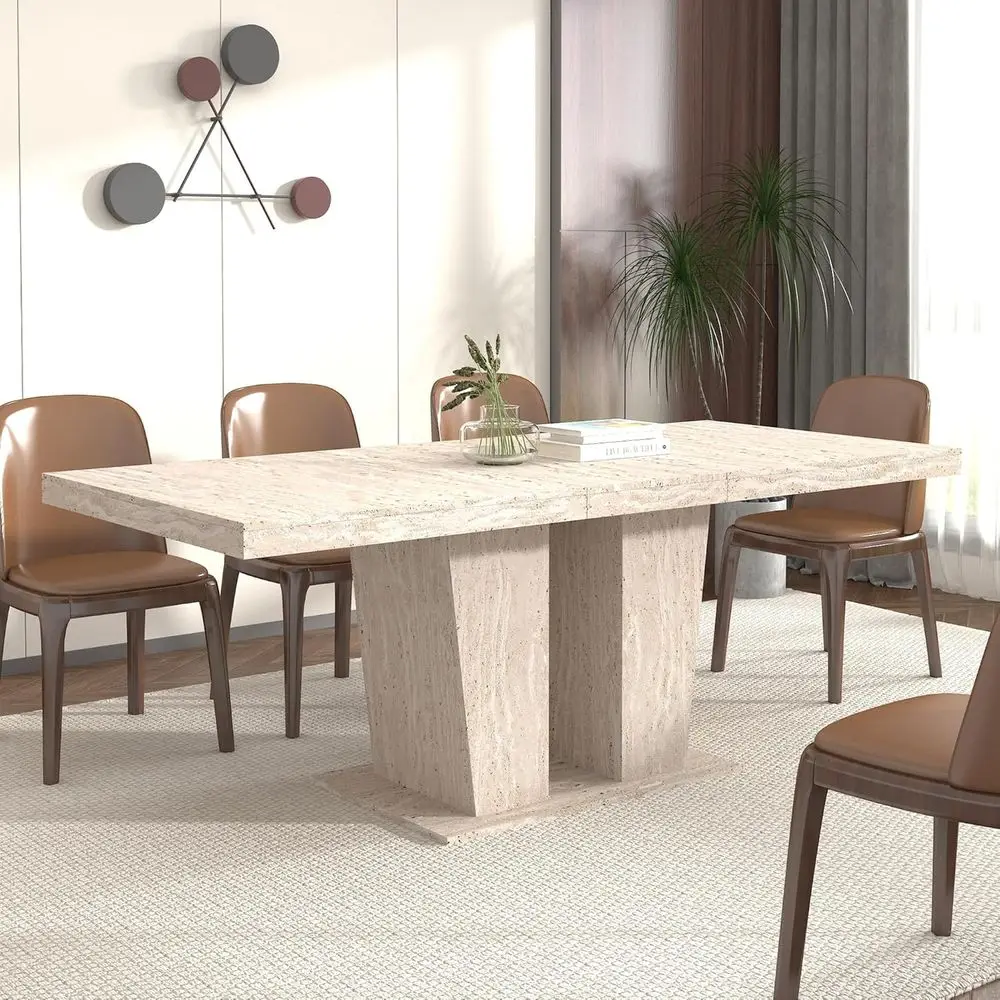

Large Expanding White Oak Travertine Top Dining Table with Dual Column Base