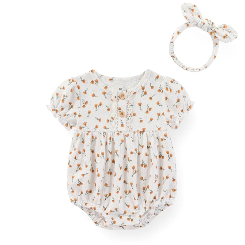 2PCS Newborn Bodysuit+Headband 0-24Months Cotton Baby Girl Jumpsuit Sets Solid Color Baby Girl Clothes Short Sleeve Summer Bebes