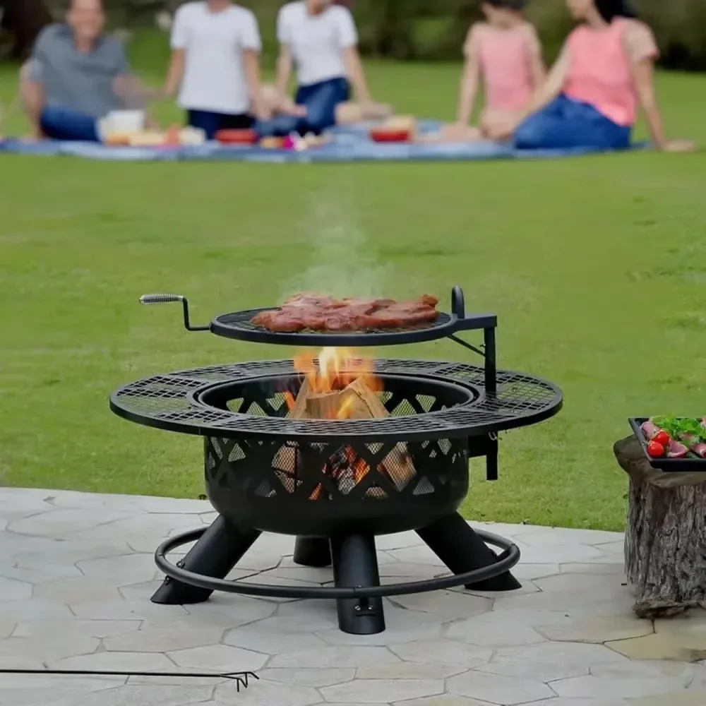 47" Fire Pit Table with Adjustable Grill Top, Safety Ring, Cooking Grate, Steel Wood Burning Fire Pit Table