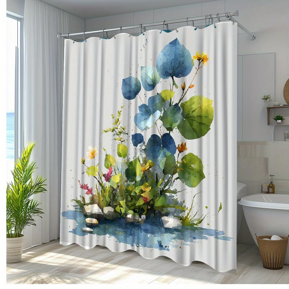 

1шт Занавеска для душа с цветочным принтом природы - 70 шт. 8х70. 8-дюймовая полиэфирная ткань с 12 крючками, яркий акварельный дизайн для ванной комнаты