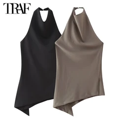 TRAF Halter Backless Tops Woman 2024 Summer Tanks Camis Tops for Women Asymmetric Beach Top Women off Shoulder Long Top Female