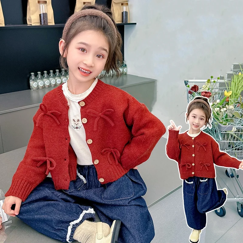 

Kid Sweater Ages 2-9Y Baby Girl Casual Fashion Spring&Autumn Red Knitwear Tween Vintage Outfit Child Korean Style Knitted Coat
