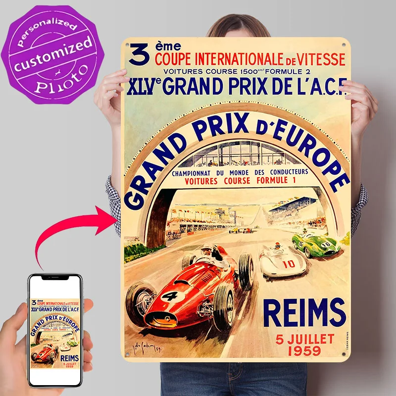 Grand Prix de Europa Reims 5 de julio de 1959, cartel metálico 3D texturizado personalizado, arte de pared, letrero de hojalata para decoración de habitaciones, para hombre