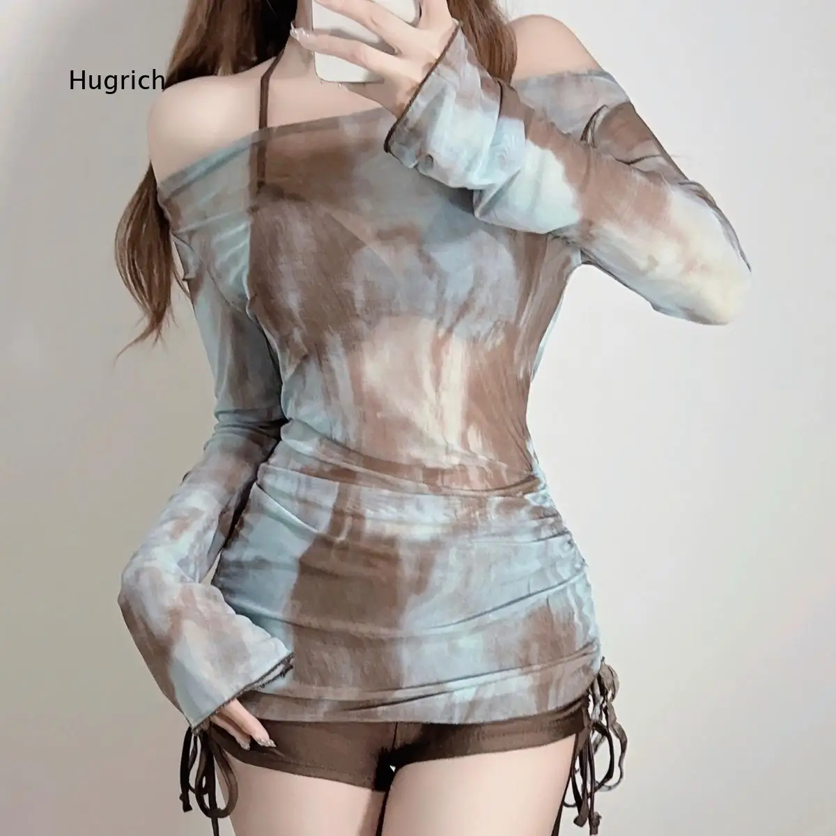 Women 3 Piece Tie Dye Swimsuit Set Halter Inner Bikini Brief Bottom Off Shoulder Long Sleeve Mesh Drawstring Side Cover Up