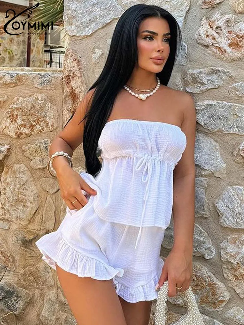 

Oymimi Casual White Cotton Sets Womens 2 Piece Fashion Strapless Lace-Up Tops And High Waisted Ruffled Pockets Shorts Female Set
