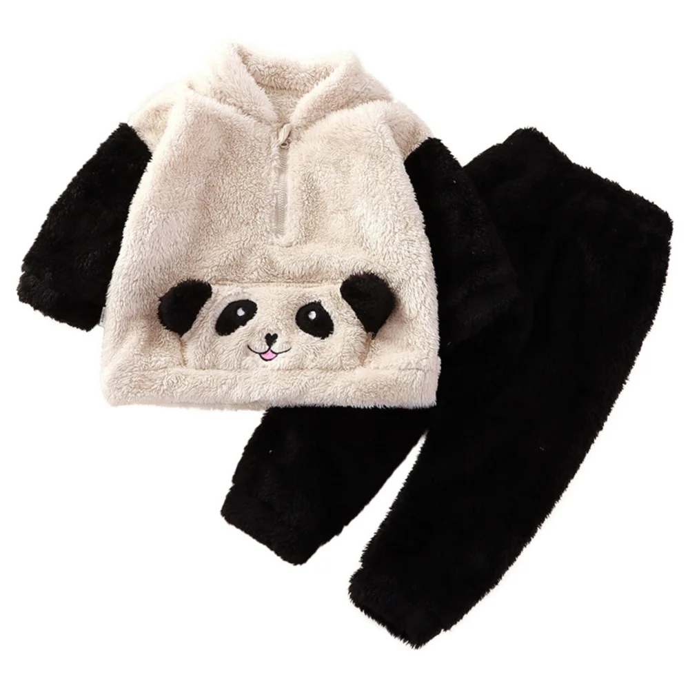 Fall Winter Warm Baby\'s Sets Coral Fleece Round Neck Baby Clothes Cartoon Thickened Homewear Casual Kid Clothings for Boys Girls