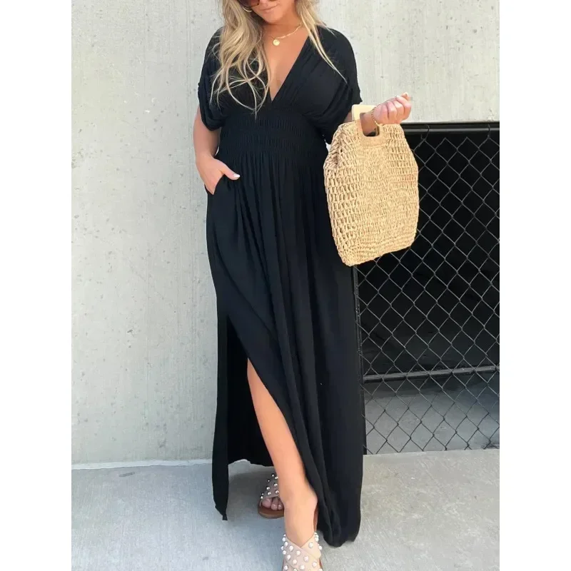 Summer Women A Line Dress High Elastic Waist Pleated Dresses Sexy Dashiki African Split Elegant Sling Dresses New 2023 Vestidos