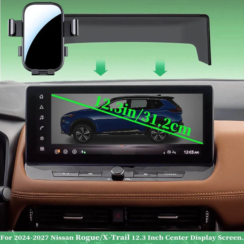 Car phone mount for LHD Nissan Rogue/X-Trail (T32/T33, 2021–2026); compatible with 8-inch, 9-inch, and 12.3-inch center displays