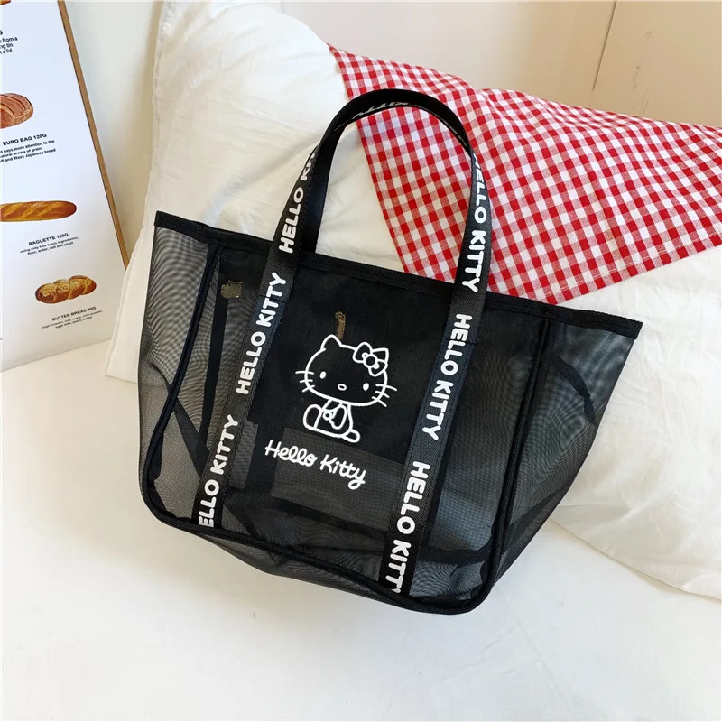 

Новая сетчатая косметичка с вырезами в стиле Китти, женская сумка через плечо с мультяшным принтом, сумка для работы и перекусов, вместительная сумка-тоут Kawaii KT
