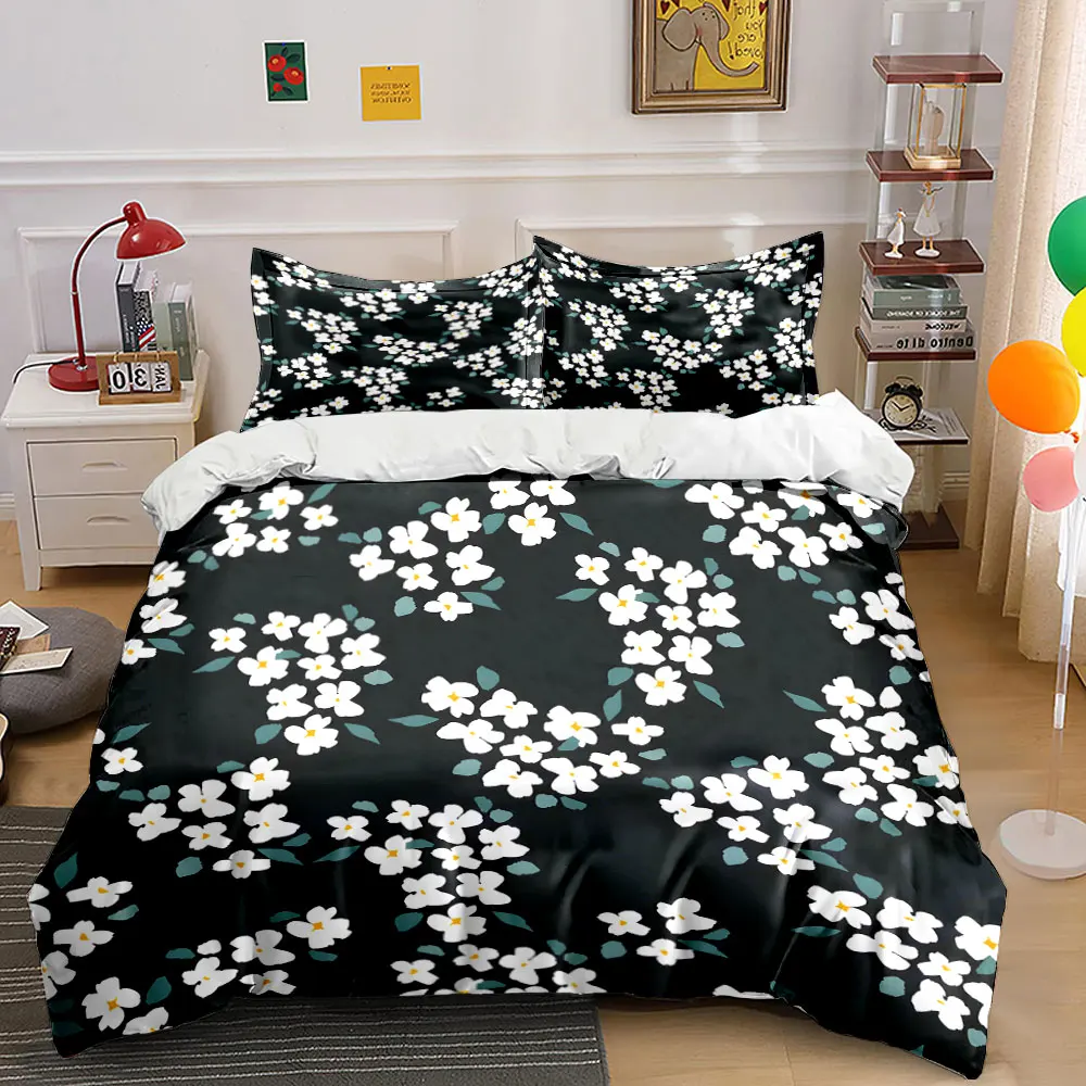 White flowers on black background Print Bedding Set 1 Duvet Cover 2 Pillowcases for Adult and Children Luxury Gift Full Size