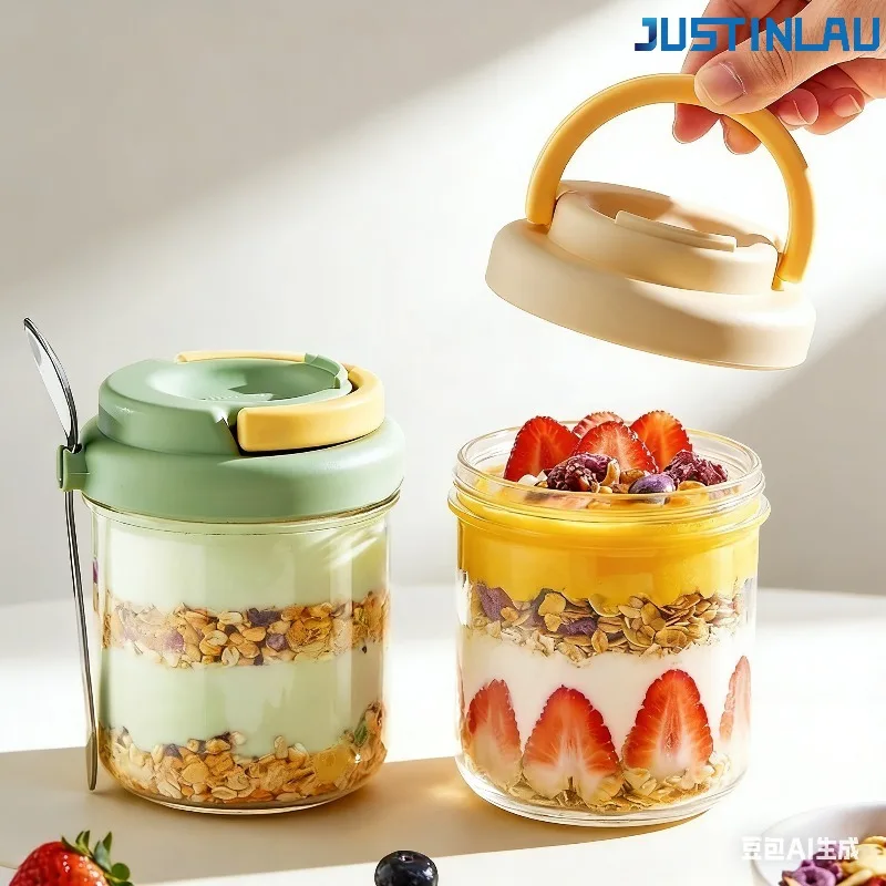 JUSTINLAU 430ML Portable Salad Cup with Stainless Steel Spoon Thick Glass Breakfast Cup Sealed for Students with Breakfast
