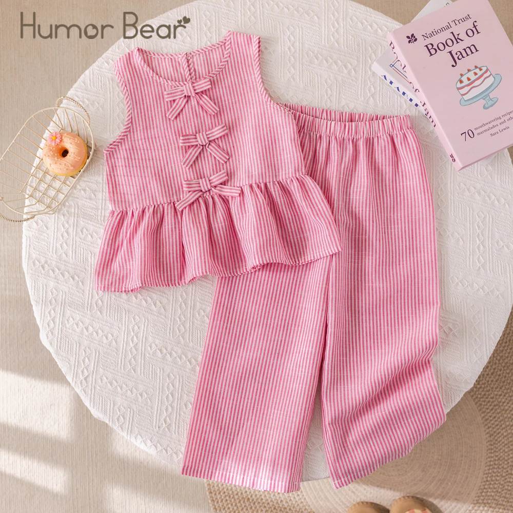 Humor Bear Summer Girls' Suits Pink vertical stripe Bow Sleeveless Vest Top+Pants Two-piece Set Sweet Kids' Clothing Sets