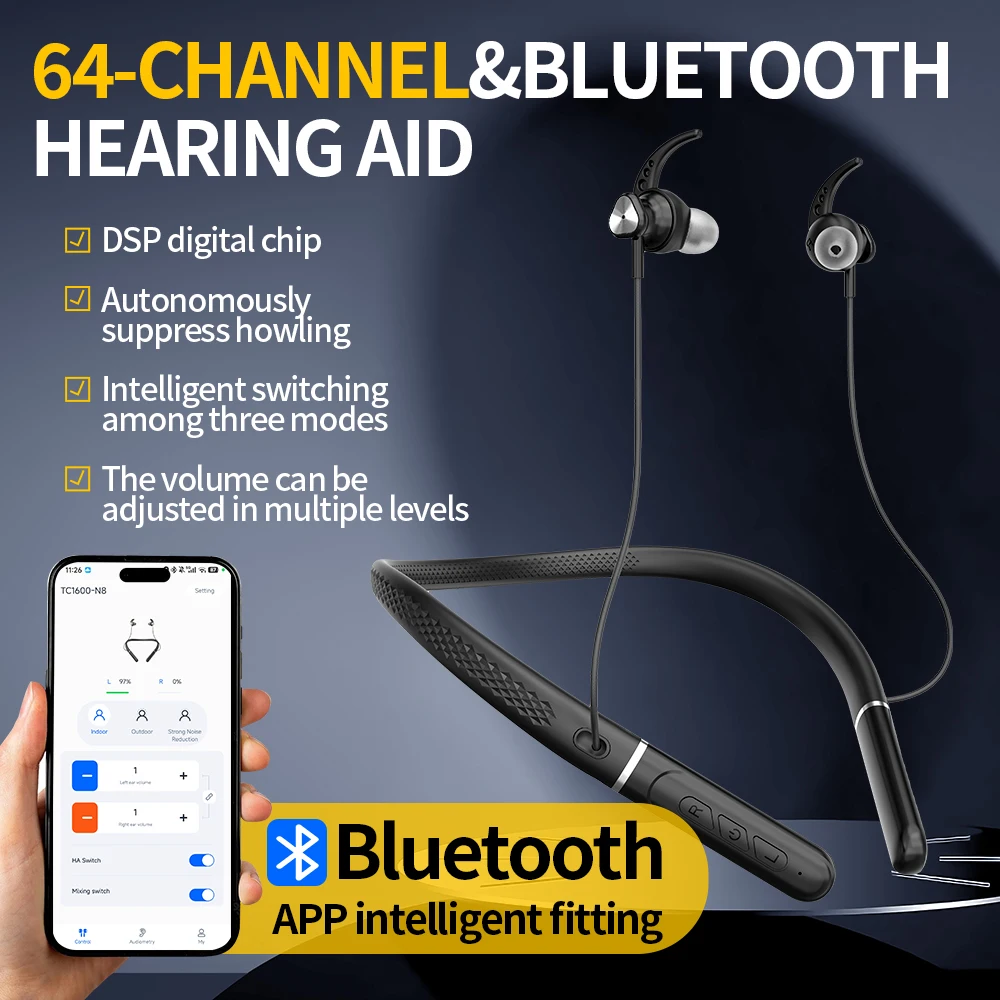 Aide auditive Bluetooth Rechargeable à 64 canaux pour personnes âgées, avec application intelligente, tour de cou Anti-perte, casque d'écoute, qualité sonore authentique