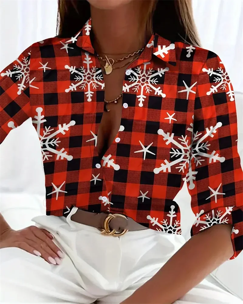 2024 Women's Plus Size Christmas Shirts Autumn and Winter Christmas Tops Long Sleeve Lapel Button Up Shirt Snowflake 3D Printing