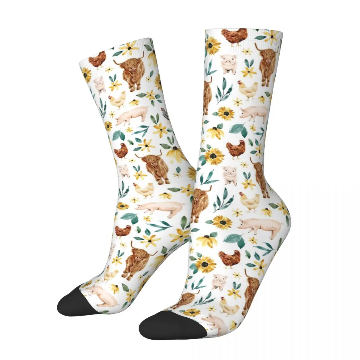 

Watercolor Farm Animals And Sunflowers Cow Socks Harajuku High Quality Stockings All Season Long Socks Accessories for Unisex