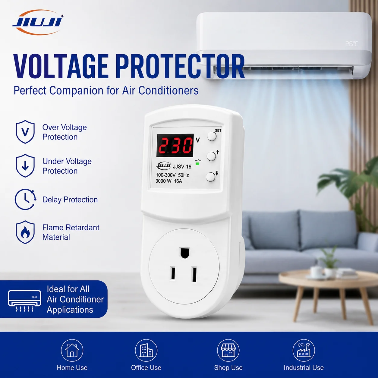 JIUJI 16A 3000W Digital Display Over Under Voltage Protector Socket US Ground Socket AC110V 220V For High Power Home Appliances