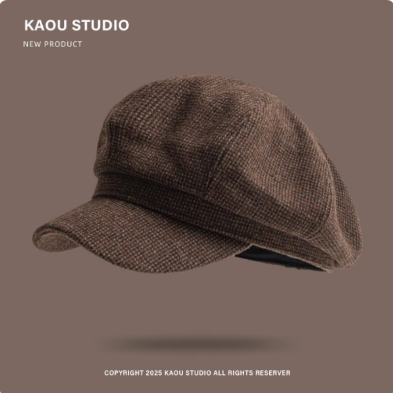 Japanese Literary Retro Woolen Blend Octagonal Newsboy Caps for Men and Women Autumn and Winter British Warm Versatile Print Hat