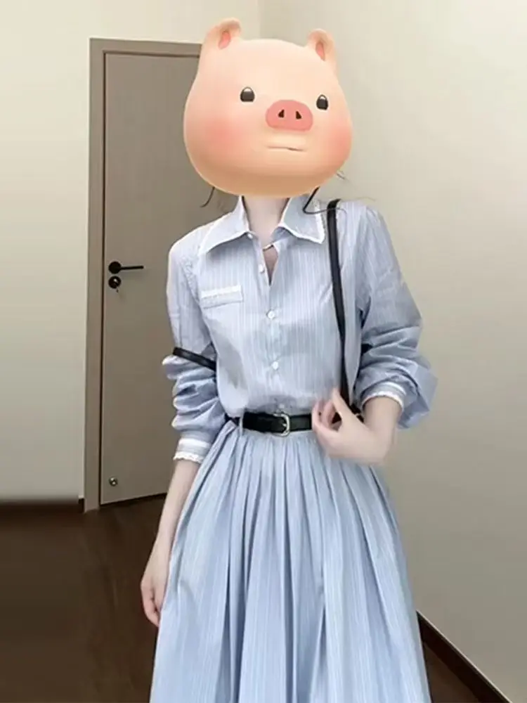 Blauw Gestreepte Polo Kraag Zoete Preppy Stijl Elegante Casual Vrouwen Lange Shirts Jurken Button Up Geplooide Jurk High Street Fashion