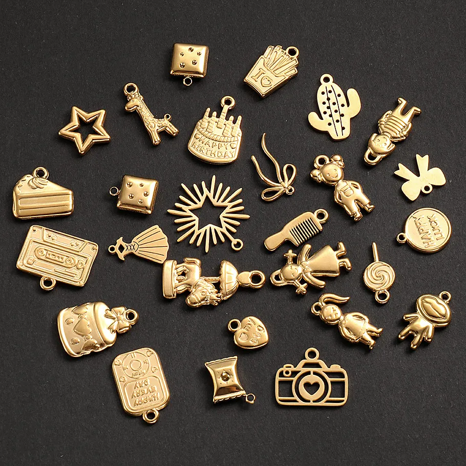 5pcs Lucky Charm Girl Star Bow Cake Stainless Steel Pendants For Jewelry Making Supplies Cute Pendant Necklace Bracelet Findings