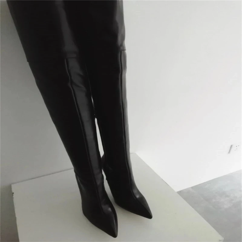 Real Photo SUPER 2023 Women\'s Thigh High Boots Black Leather Lining Stiletto Heels 4 Season Shoes Botines Large Size 39 43 47