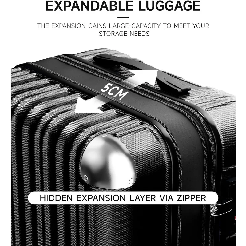 Juego de equipaje expandible de viaje, Maleta giratoria de carcasa dura de 20/24/28 pulgadas, bolsa de equipaje de mano y a cuadros, color negro, 3 piezas