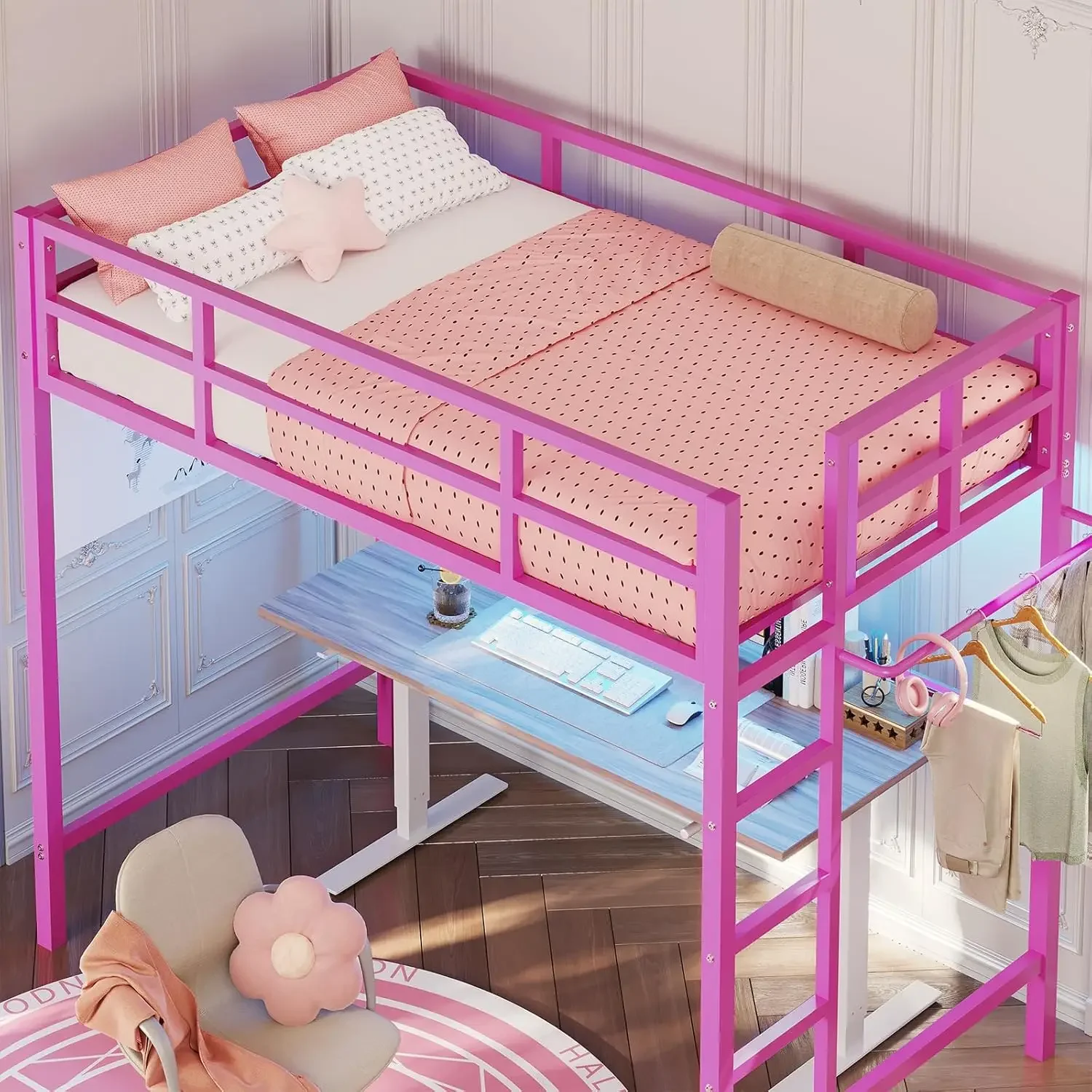 [High-Quality, Hot Deal!]Twin Pink Loft Bed with LED Lights, Loft Bed Twin Size with Full-Length Guardrail &Clothes Rack, Heavy
