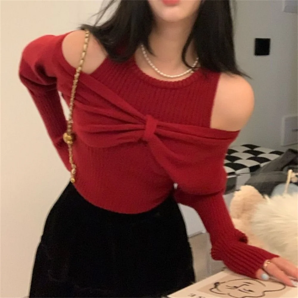 Female Sexy Off Shoulder Knitted Sweater Women Elegant Bow Solid Fake Two Piece Knit Pullover Office Lady Tops Spring Autumn New