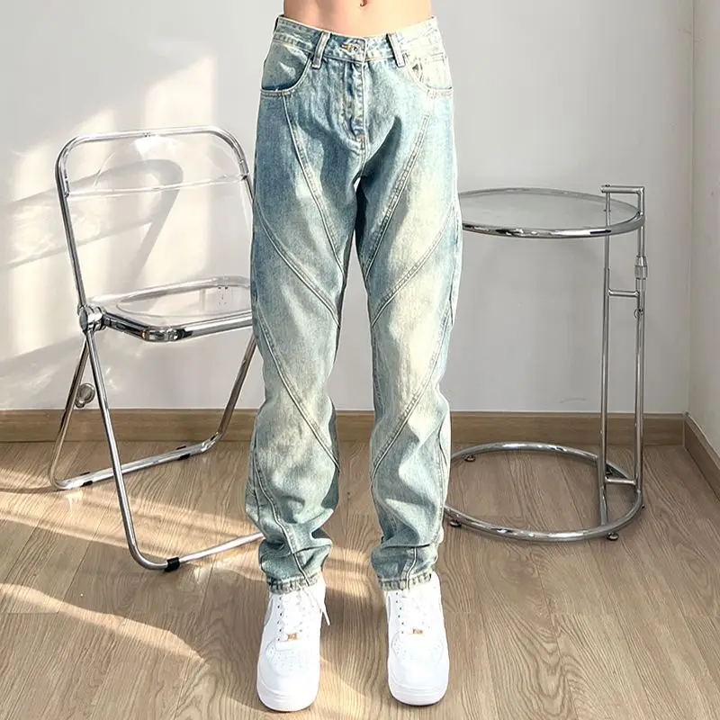 

Original 2026 Luxury Man Clothing Brands Street Splicing Jeans Ins Trendy Brand Straight Wash Old Hip-hop Men Washed Work Pants