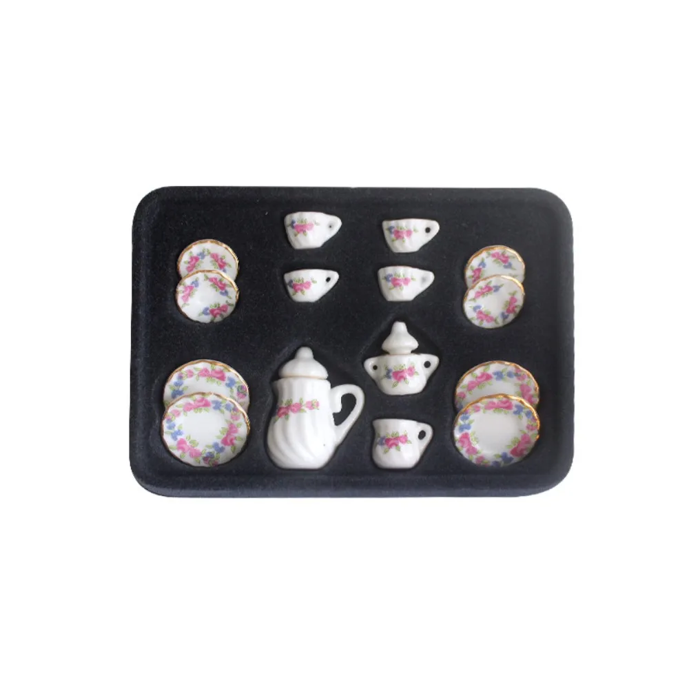 Ceramic Dollhouse Miniature Tea Set Tableware Tray Doll House Cup Model Set Flower Kettle Miniature Porcelain Tea Cup Set