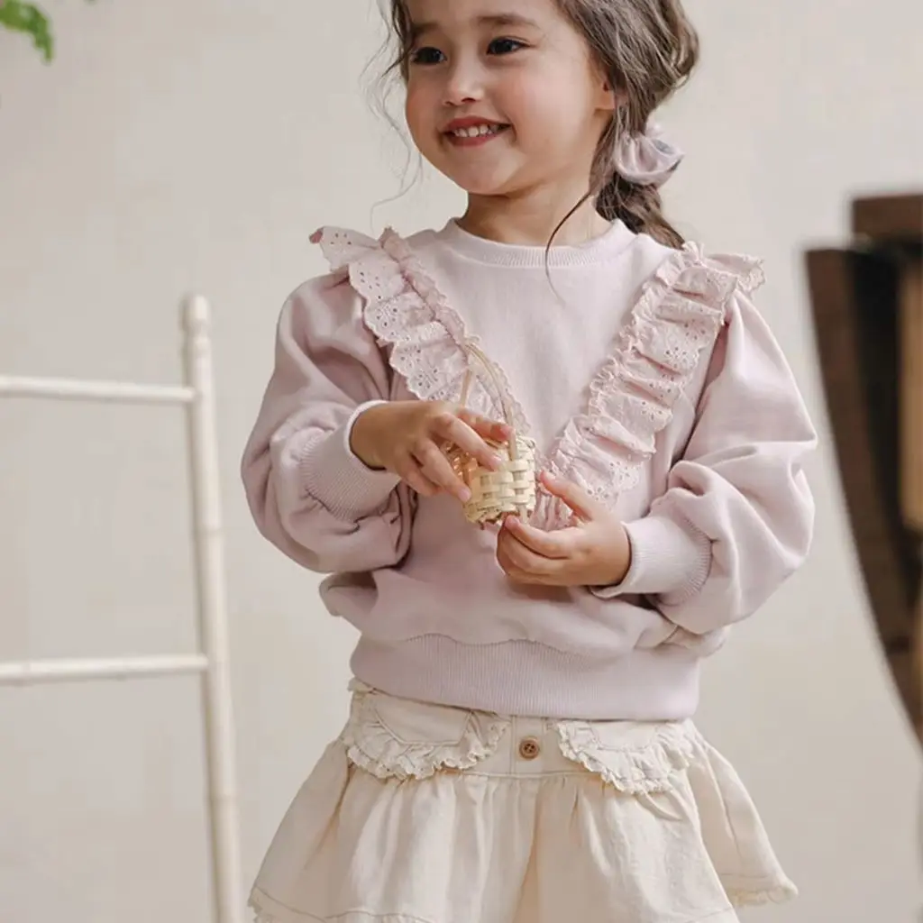 

Spring 2026 Korean Style Girls Fashionable Embroidered Lace Hollow out Loose round Neck Long Sleeve Sweatshirt Available Now