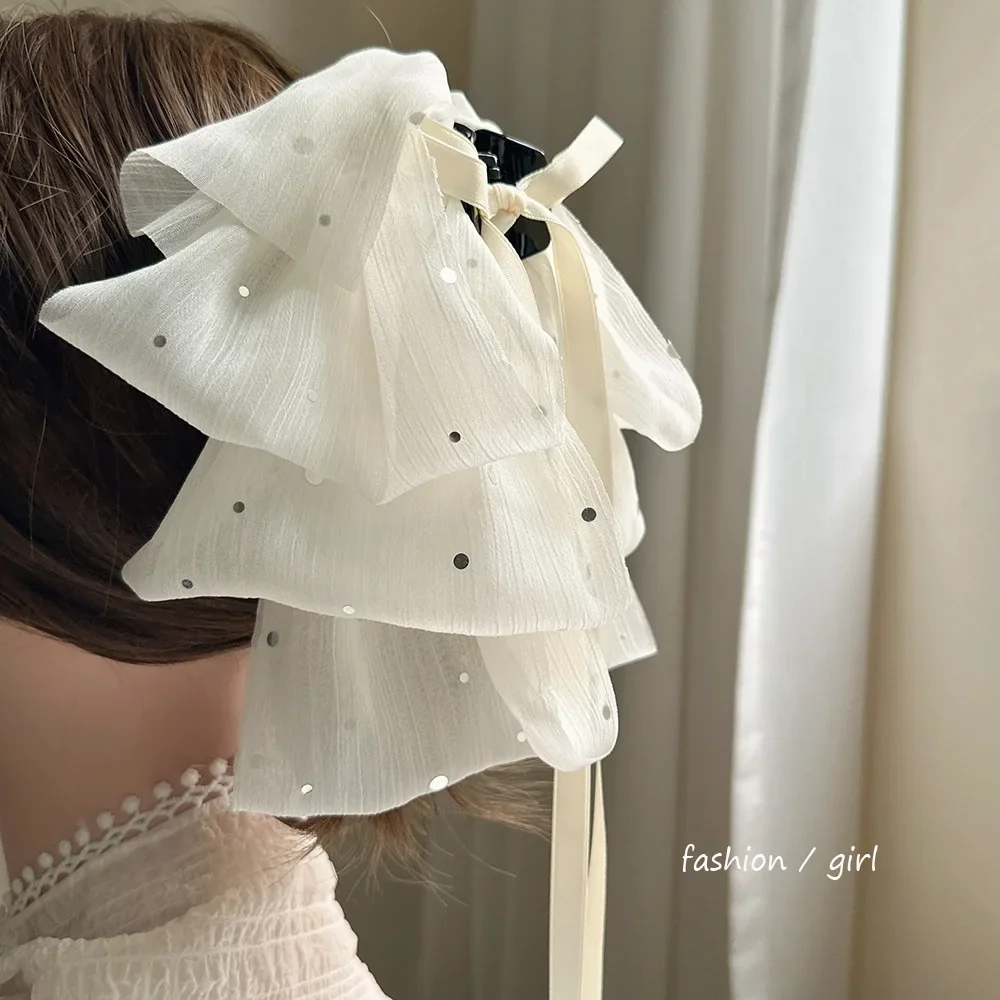 Chiffon Sequins Polka Dot Hair Claw Multi Layer Bow Ethereal Korean Style for Women Daily Wear White