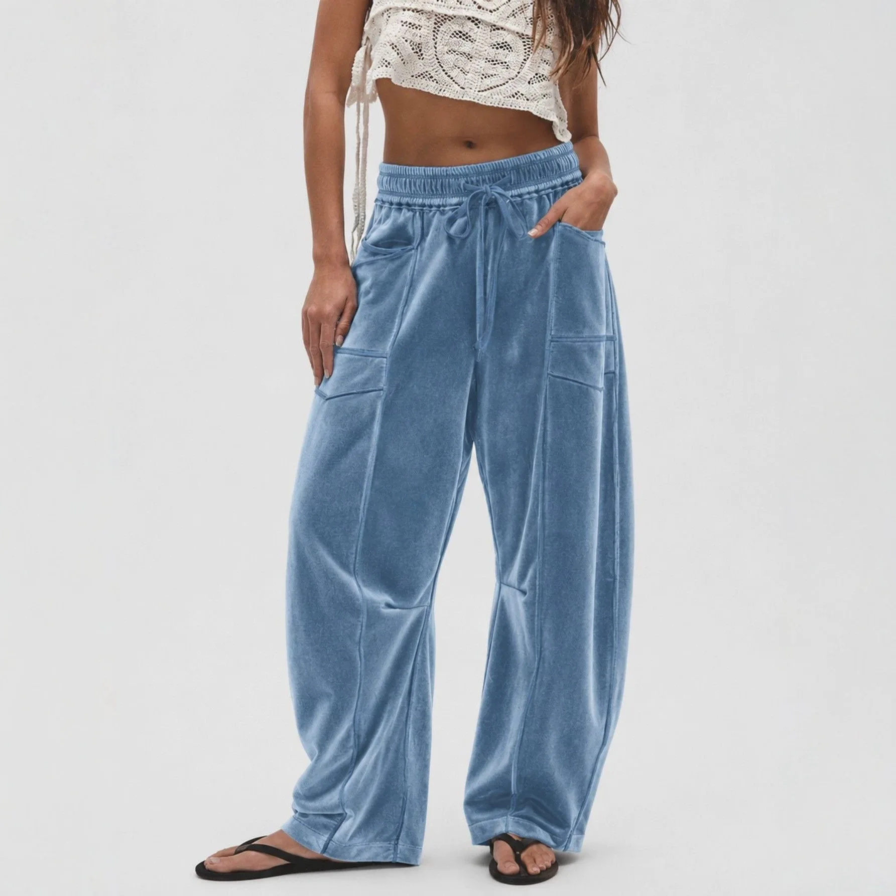 Autumn Winter New in Women's Clothing Retro Loose Wide Leg Velvet Drawstring Casual Pants Women's Solid Color Long Pants