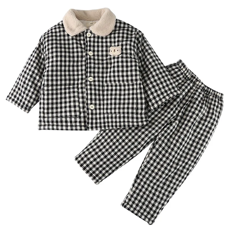 Winter Childrens Boys Sleepwear Thick Warm Plush Three Layer Cotton Padded Plaid Baby Boys Pajamas Kids Boys Homewears Set