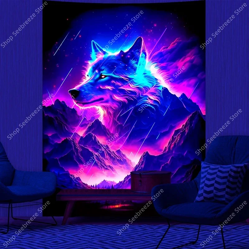 VIKAMA Blacklight Glow Wolf Wall Tapestry Psychedelic Galaxy Mountain Pattern Large Fabric Wall Blanket for Indoor Room Decor