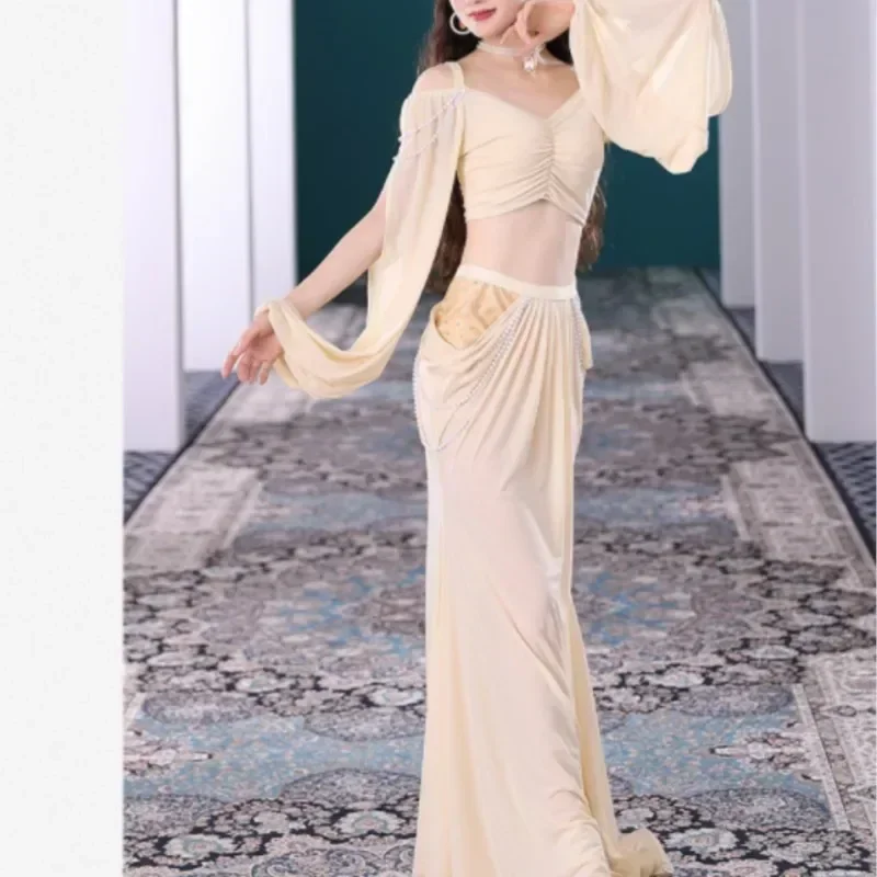 Vêtements de danse du ventre pour femmes, haut à manches en perles + jupe longue, ensemble de Costumes orientaux pour filles, tenue d'entraînement féminine, 2 pièces