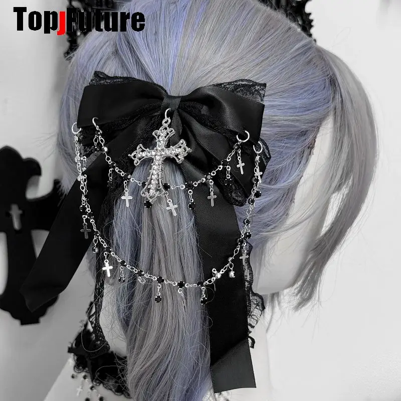 

Women Subculture Y2K Girl Original Cute Lace Bow Chain Gothic Lolita Rhinestone Hair Accessory Edge Clip Hairgrips Hairpin