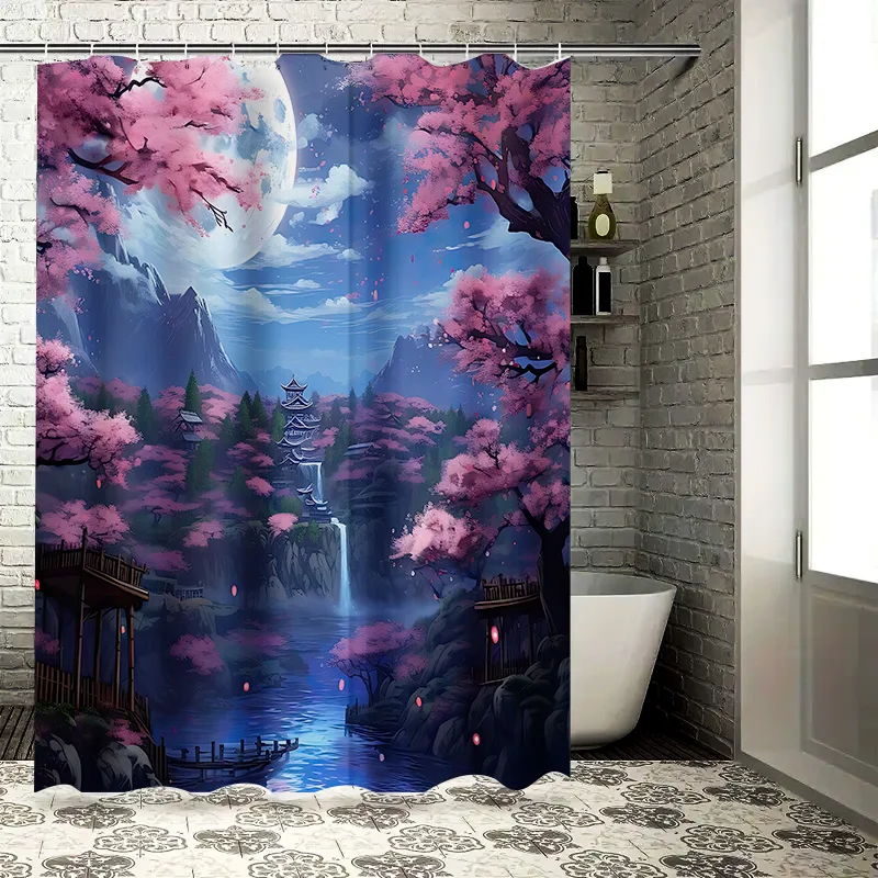 ‌ أزهار الكرز اليابانية الساحرة ليلة القمر الكامل ‌ ‌ يفتن مشهد ستارة دش مقاومة للماء ديكور الحمام