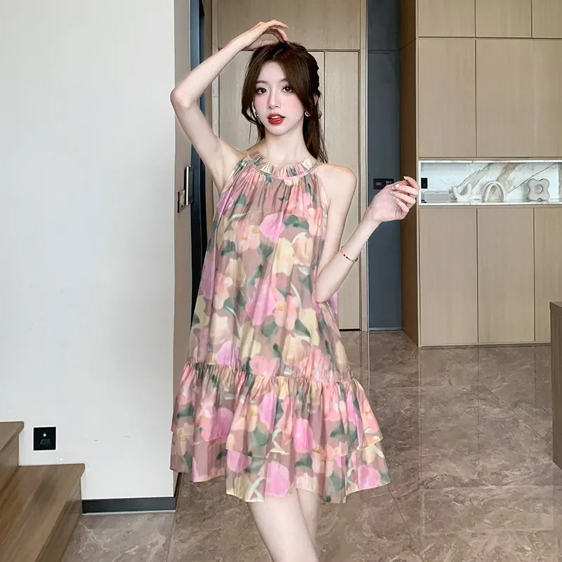 فستان نسائي صيفي بدون أكمام مكشكش برباط فستان زهري للنساء عاري الكتفين على شكل حرف a فستان مثير للحفلات