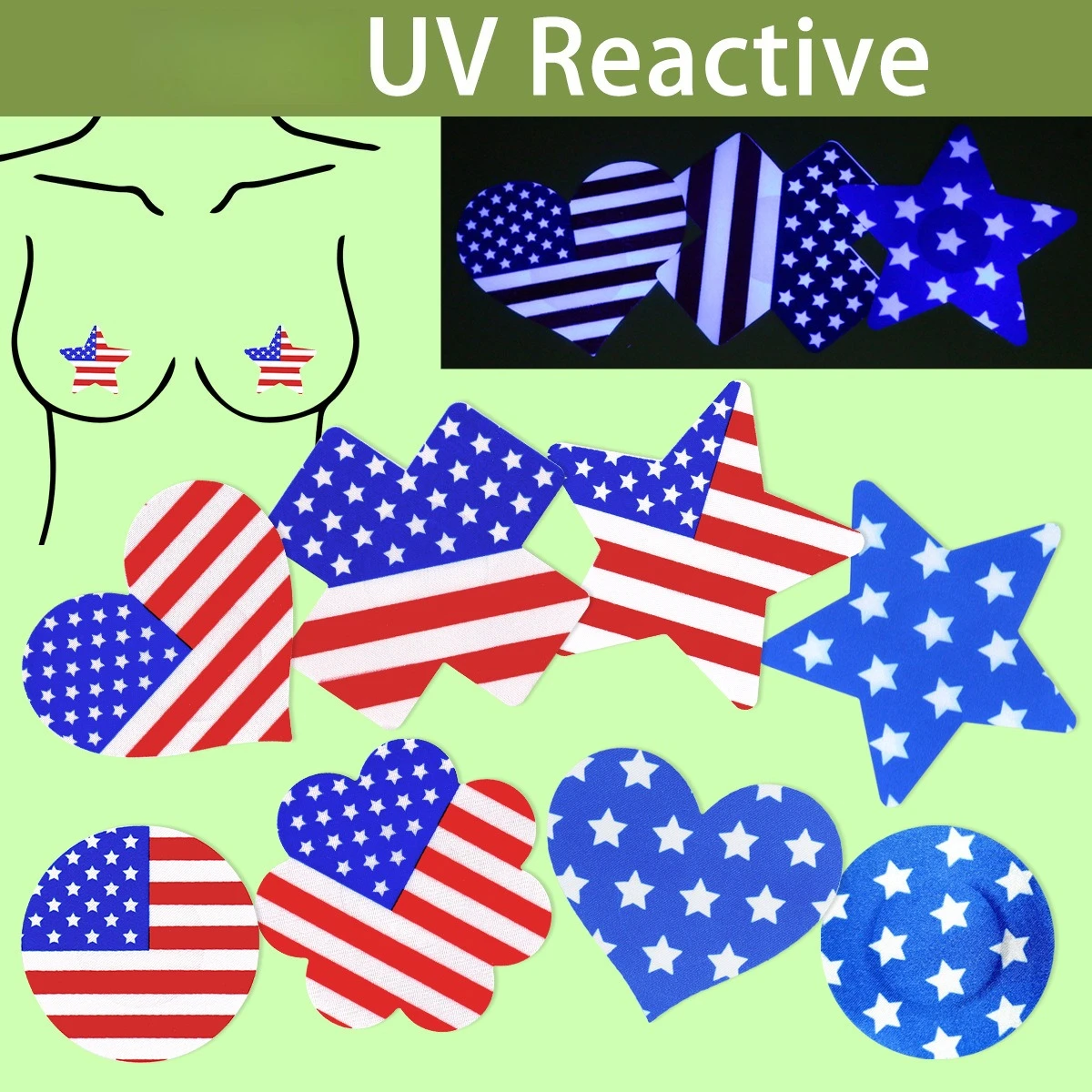 10pairs Light Reactive American Flag Disposable Nipple Covers, Multi-shape Breathable Anti-chafing Pasties, Independence Day Party Club Glow in Dark Invisible Chest Decor