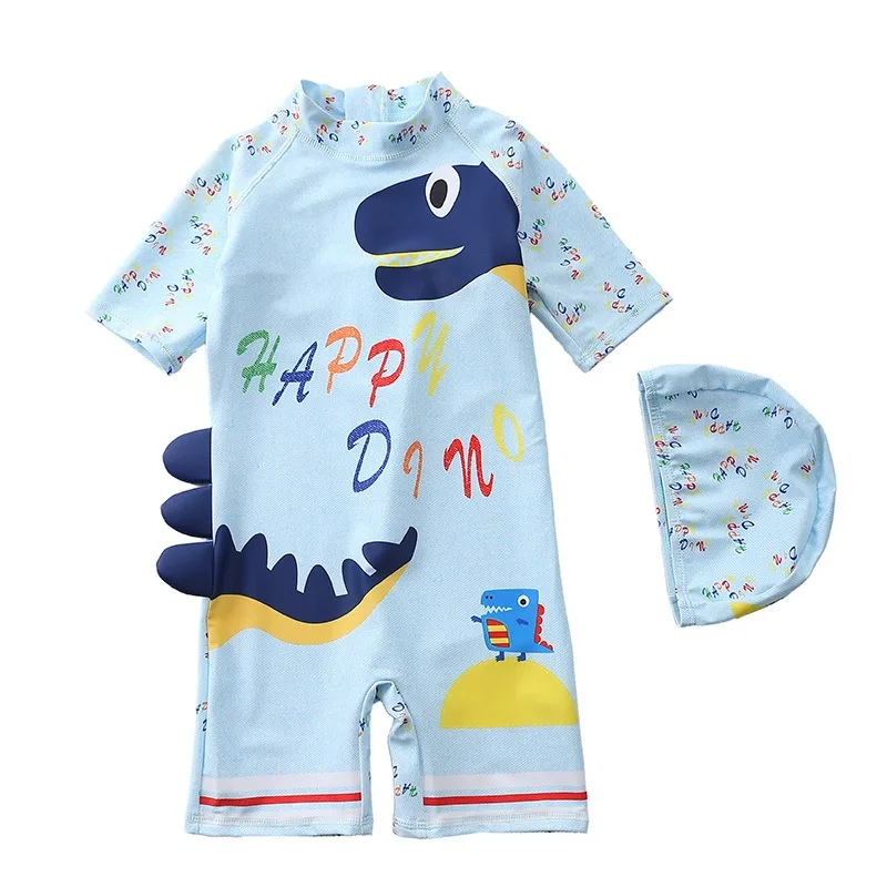 Ircomll Baby Boys Swimwear With Cap Surfing Wear Cartoon Dinosaur Swimming Suit Infant Toddler Boy Sunscreen Beach Bathing Suit