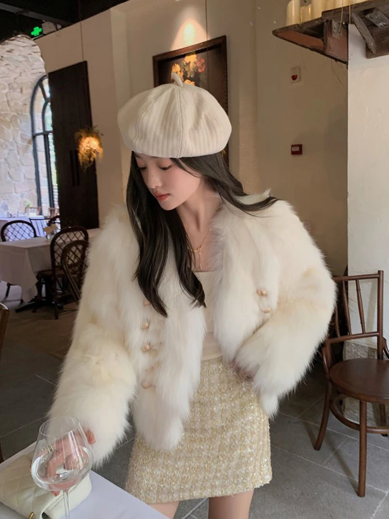 Chic White Women Faux Fur Jacket Pearl Button Coat Collarless Long Sleeve Cropped Loose Luxury Cozy Winter Outerwear Top