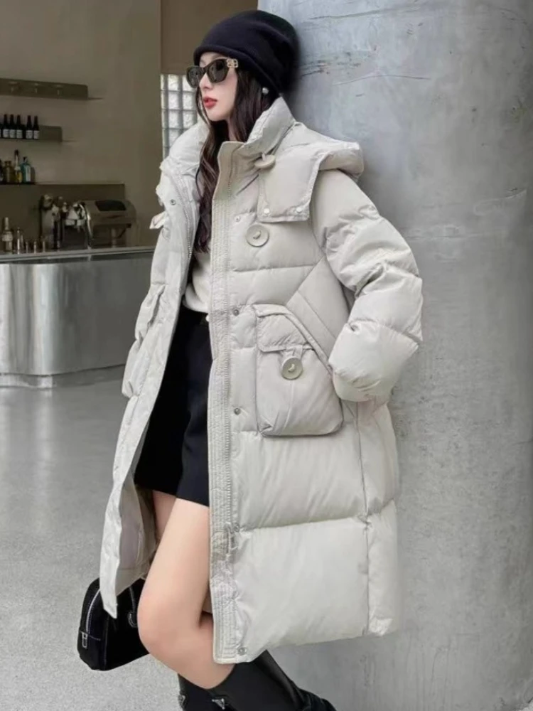 Women Down Jacket 2025 New Winter Parkas Fashion Casual Hooded Thick Mid-Length White Duck Puffer Coat Tops Female Outerwear