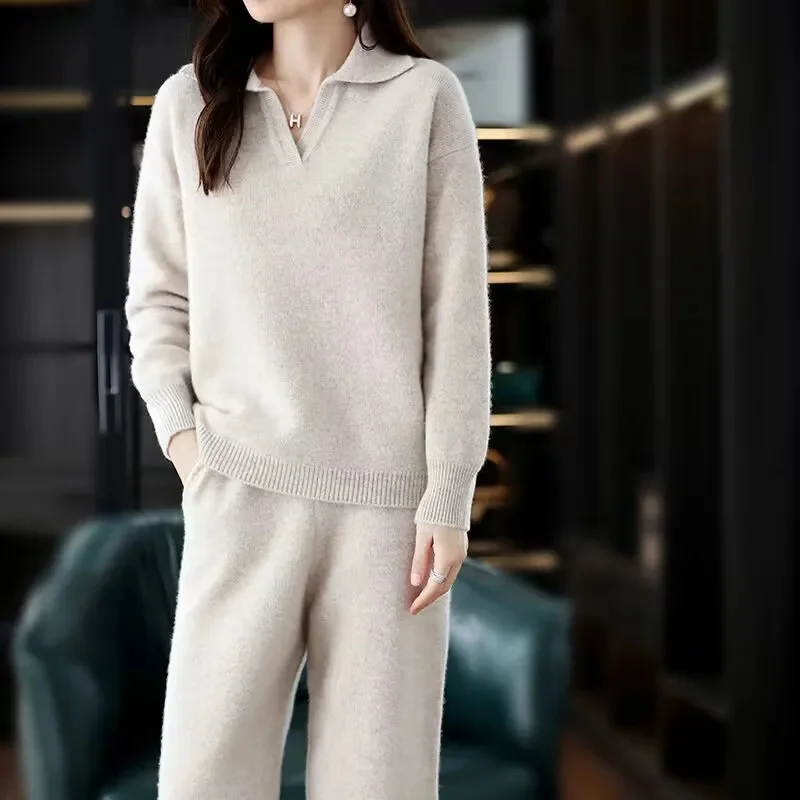 Autumn Winter High-End Knitted Wide Leg Pants Set Women\'s Casual Loose Sports Polo-Neck Sweater Two-Piece Set Pants Suits Female