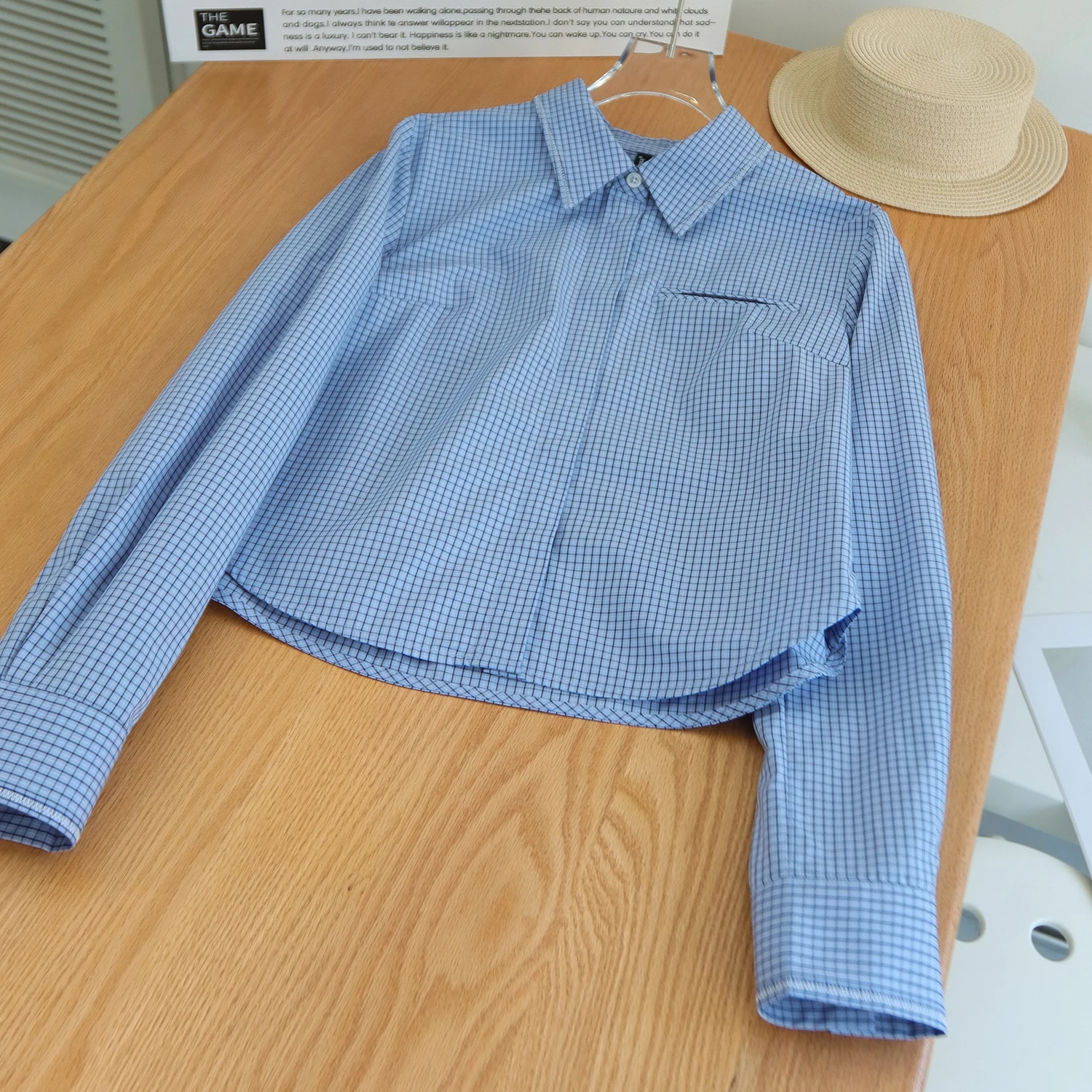 

Women’s Cropped Micro‑Check Cotton Shirt — Button‑Up Short Shirt with Curved Hem