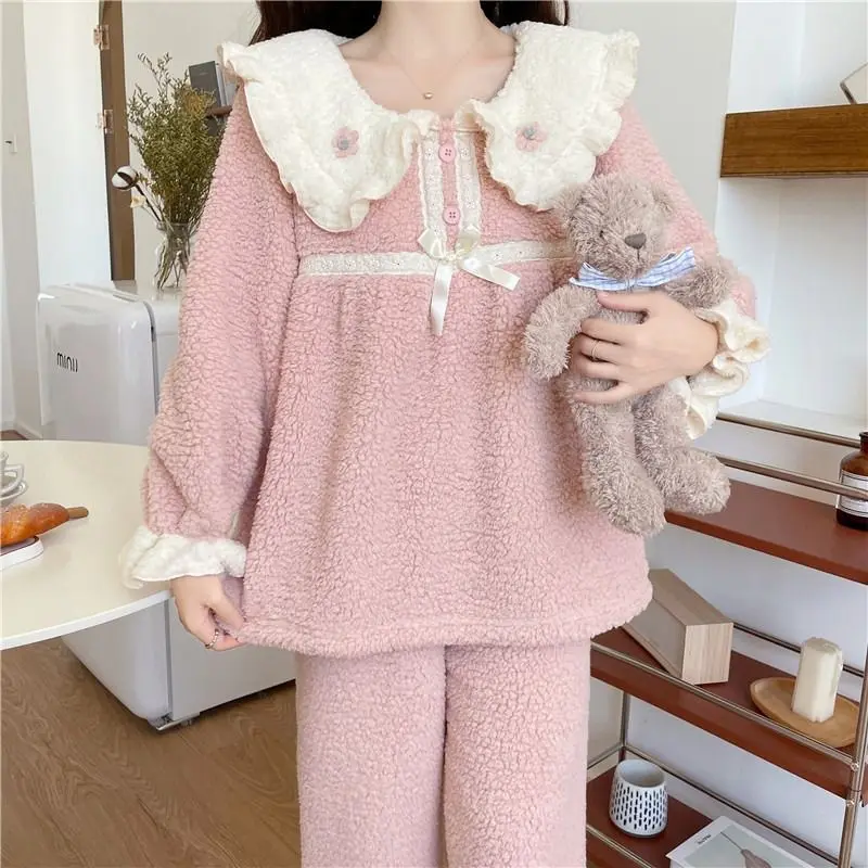 Small Fellow Princess Doll Collar Coral Fleece Pajamas Women's Winter New Flannel Homewear Suit Winter Sleepwear Pijamas