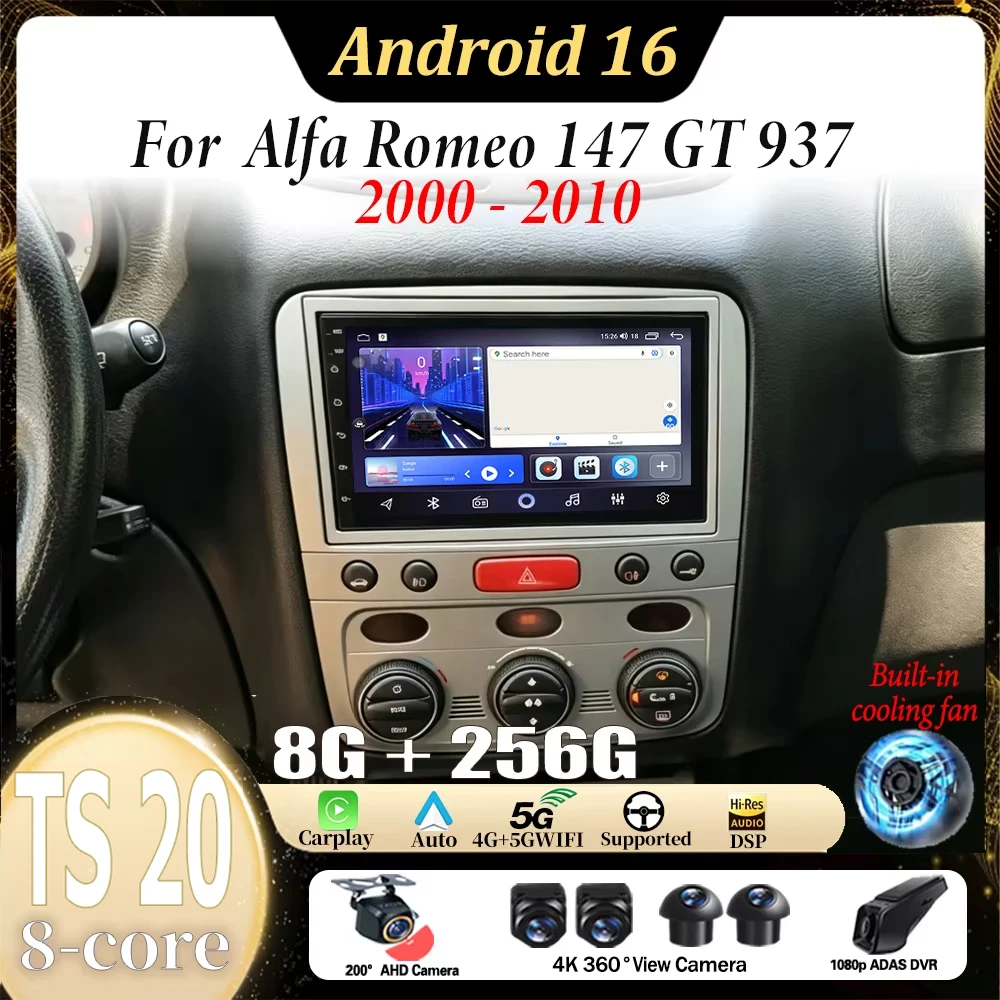 Radio para Auto Android 16 de 7 Pulgadas para Alfa Romeo 147 GT 937 2000-2010, Reproductor Multimedia Carplay, Estéreo para Auto, Navegación Wifi 5G, Unidad Principal 1