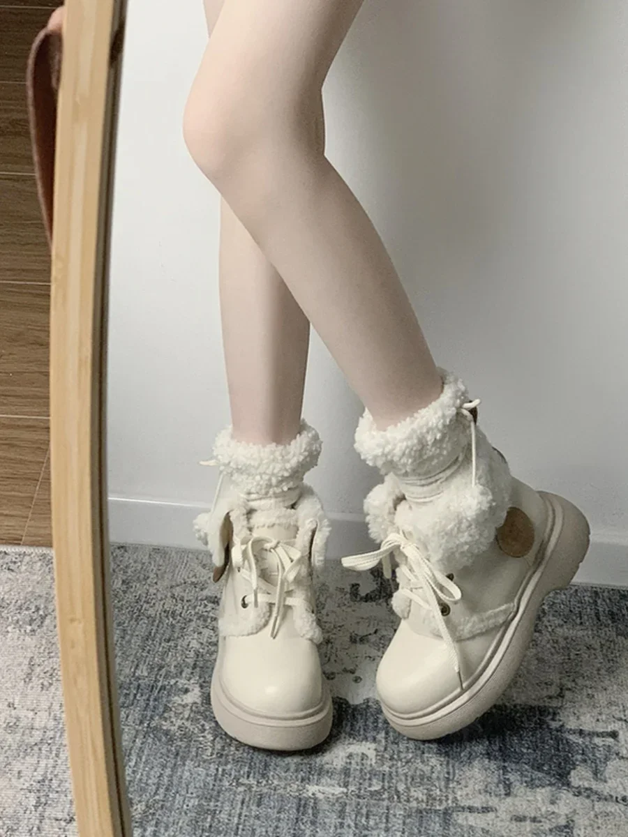 Lolita botas de neve bonito à prova dwaterproof água princesa plataforma aumentando veludo bota alta feminina rendas até inverno sapatos pretos