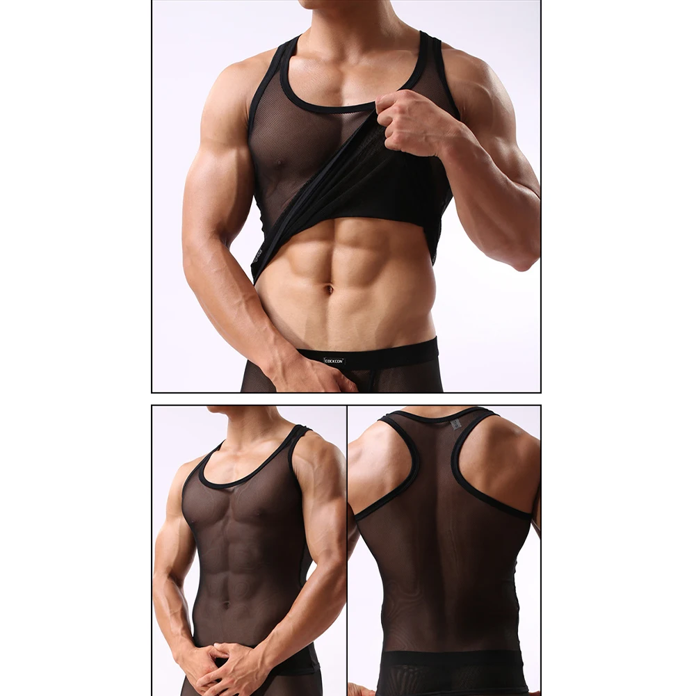 Sexy Men\\\'s Mesh Tank Top T-shirt Transparent Fishing Net Fitness Training Sleeveless O-Neck Underwear Tank Top Men\\\'s Clothing