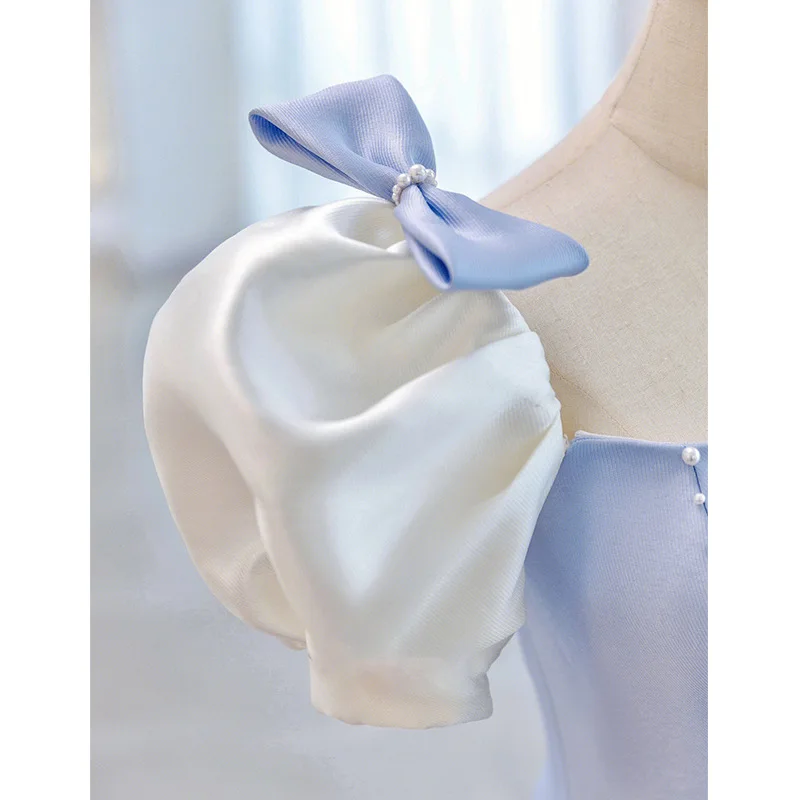 Blauwe vierkante kraag avondjurk eenvoudige lange slanke taille feestjurken strik pofmouwen geplooide prinses galajurken op maat